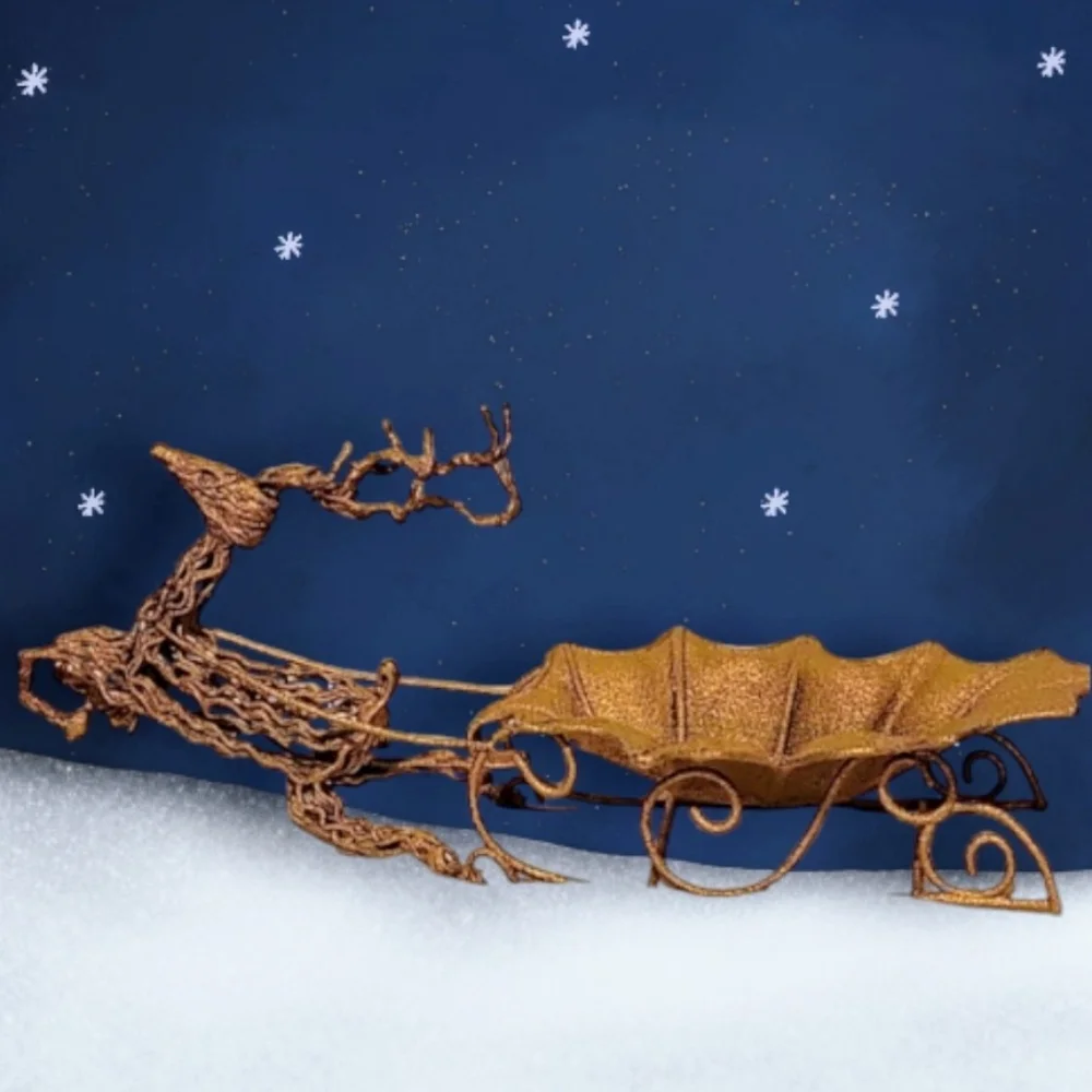 VTG Fabric Mache Christmas Reindeer & Sleigh Gold-Tone Finish 17